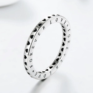 S925 sterling silver hollow heart ring featuring Forever Love engraving on light grey background