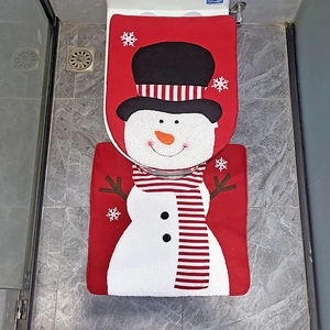 Christmas toilet seat cover set with snowman design and red snowflake bath mat