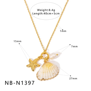 Golden stainless steel ocean jewelry set with starfish, shell and pearl charms