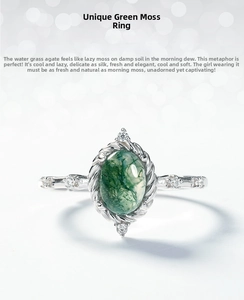 Detailed macro view of S925 silver ring featuring oval moss agate with braided edge