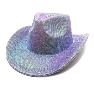 Detailed macro of holographic purple sequins on a classic western style cowboy hat