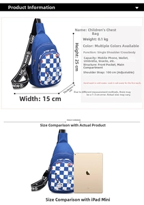 Detailed view of blue checkered kids chest bag with rabbit print and size parameters