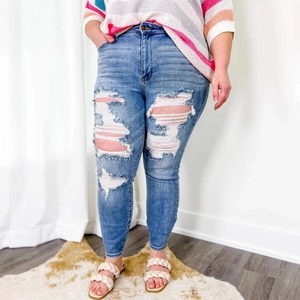 Jean Skinny Déchiré Femme Délavé Bleu Clair Taille Moyenne Denim Style Urbain Pantalon Long