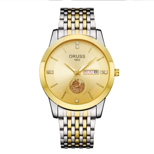 Minimalist waterproof men's watch with golden sunburst dial and steel bicolor strap