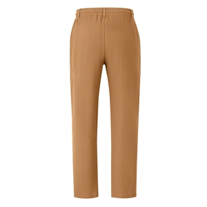 Detail of khaki linen pants featuring elastic drawstring waist and breathable fabric texture