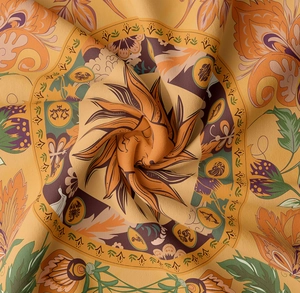 Detailed macro view showing the bohemian sun patterns and high-quality fabric texture