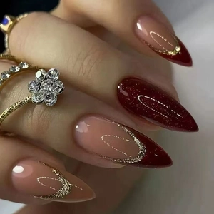 Press On Nails Long Almond Stiletto Burgundy And Nude Pink Gold Glitter French Tip Glossy Artificial Nails For Women