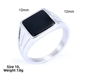 Detail view of square black stone ring with 12mm face and 7.8g weight specifications