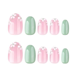Faux ongles courts ronds avec motifs floraux roses et finition vert clair brillante