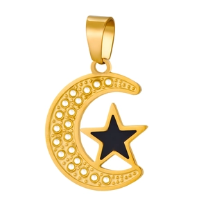 18k gold crescent moon and black enamel star pendant necklace with sparkling zircons