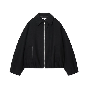 Women Black Twill Woolen Look Jacket Long Sleeve Zipper Lapel Casual Streetwear Coat With Leather Patchwork Pockets