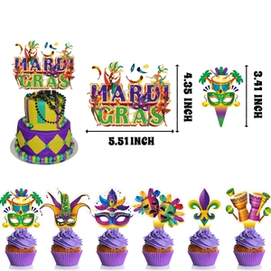 Mardi Gras themed cake topper set with purple green and gold mask and drum designs