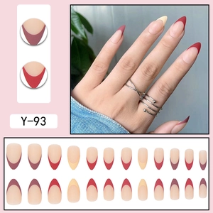 Matte French almond press-on nails in burgundy and nude tones, 24-piece full set