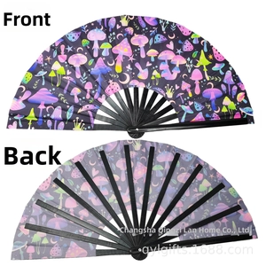 Detail view of 33cm folding fan with black bamboo ribs and vibrant neon mushroom prints