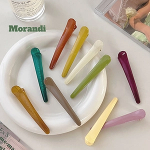 Flat lay of Morandi color acrylic hair clips on a white ceramic plate and desk
