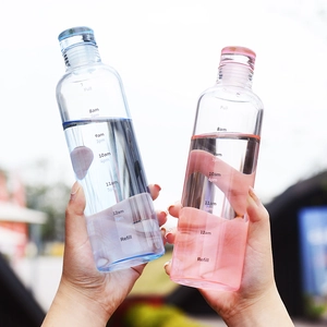 Transparent time marker glass water bottle in blue and pink for daily hydration