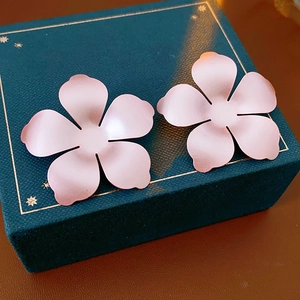 Détails des boucles d'oreilles fleurs rose mat posées sur un écrin à bijoux étoilé