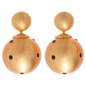 18k gold plated brushed metal earrings with black polka dots and double ball design