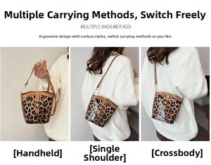 Detailed views of leopard print bucket bag showing crossbody, shoulder and hand-carry styles