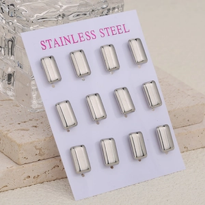 Polished stainless steel rectangular earring studs in silver color on a display card