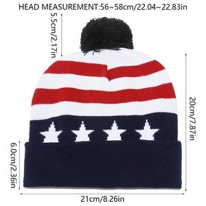 Detail showing knit American flag pattern with stars and stripes on the winter beanie