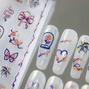3D colorful butterfly and heart nail art stickers with aurora chrome finish