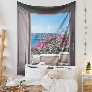 Detail showing Bohemian tapestry with Mediterranean sea view window design and soft textures