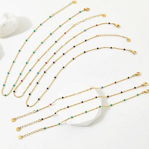 Bohemian adjustable golden stainless steel chain bracelet with colorful enamel beads