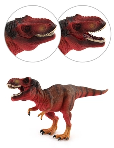 Detailed view of T-Rex dinosaur model with movable jaw and realistic scales texture