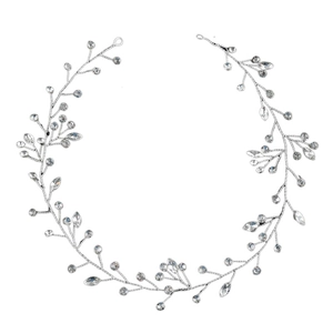 Detail view of vine-shaped bridal headband with marquise crystals on silver metal