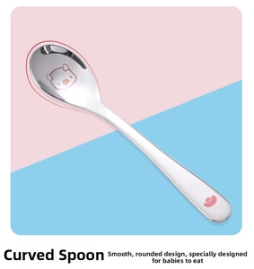 Close-up of curved 304 stainless steel baby spoon with cartoon pig pattern and pink handle