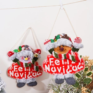 Detail of hanging Snowman and Gingerbread Man ornaments with Feliz Navidad greeting sign