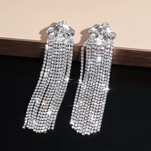 Sparkling long tassel silver earrings with crystal rhinestones for evening party and banquet