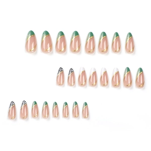 Almond French press-on nails set with zebra print and gold glitter 24pcs kit