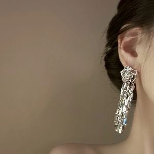 Vue détaillée de boucles d'oreilles rose argentée avec de longs glands sur un mannequin