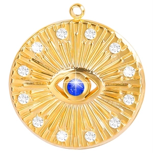 Minimalist golden eye necklace with blue gem and sparkling white crystals pendant