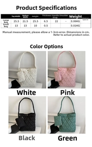 Size chart and detail view of minimalist heart-quilted shoulder tote bag in four colors