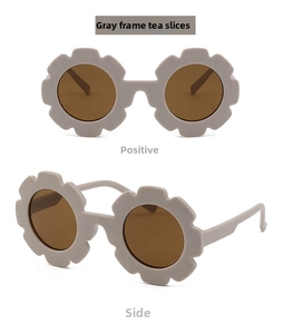 Grey flower frame kids sunglasses with tea lenses showing front and side views