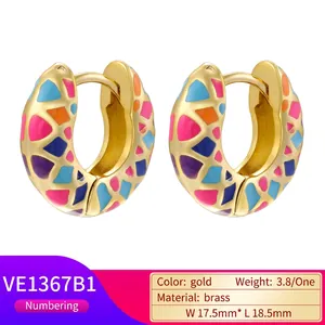 Colorful enamel brass hoop earrings with vibrant geometric patterns in gold finish