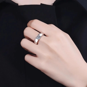 Polished 925 sterling silver men's open ring featuring a round cut moissanite diamond