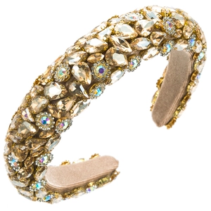 Detailed close-up of champagne crystal sponge headband with multi-shape rhinestones