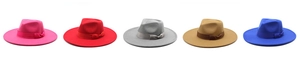 Detailed view of colorful wool fedora hats with elegant side bow ribbons in five vibrant hues