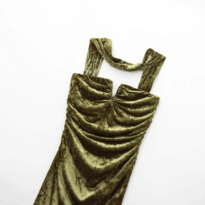 Elegant moss green velvet tube dress with flattering ruching and neck tie detail