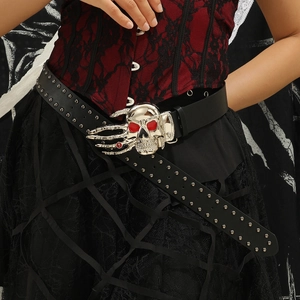 Gothic punk black leather belt with silver rivets and unique 3D skull metal buckle