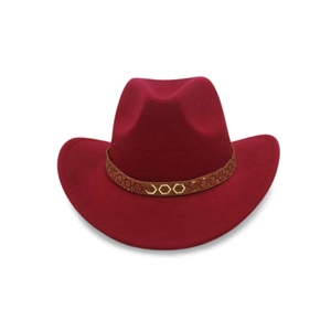 Close-up of dark red wool felt western cowboy hat with studded brown decorative band