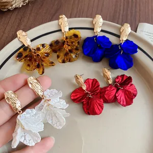 Acrylic Petal Drop Earrings With 925 Sterling Silver Earring Post Alloy Hammered Flower Dangle Jewelry For Women