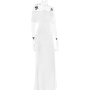 Detail of white strapless long dress on mannequin with smooth and soft draped fabric texture