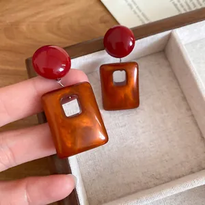 Retro acrylic square pendant earrings in red and amber tortoise shell design