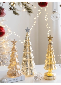 Three-piece set of illuminated mercury glass Christmas trees with LED warm light decor