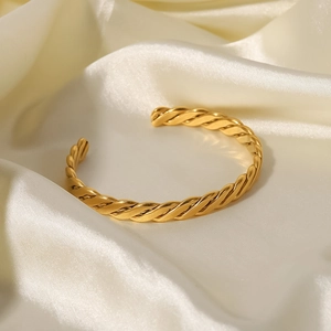 Bracciale rigido a fune intrecciata in acciaio inossidabile placcato oro 18K